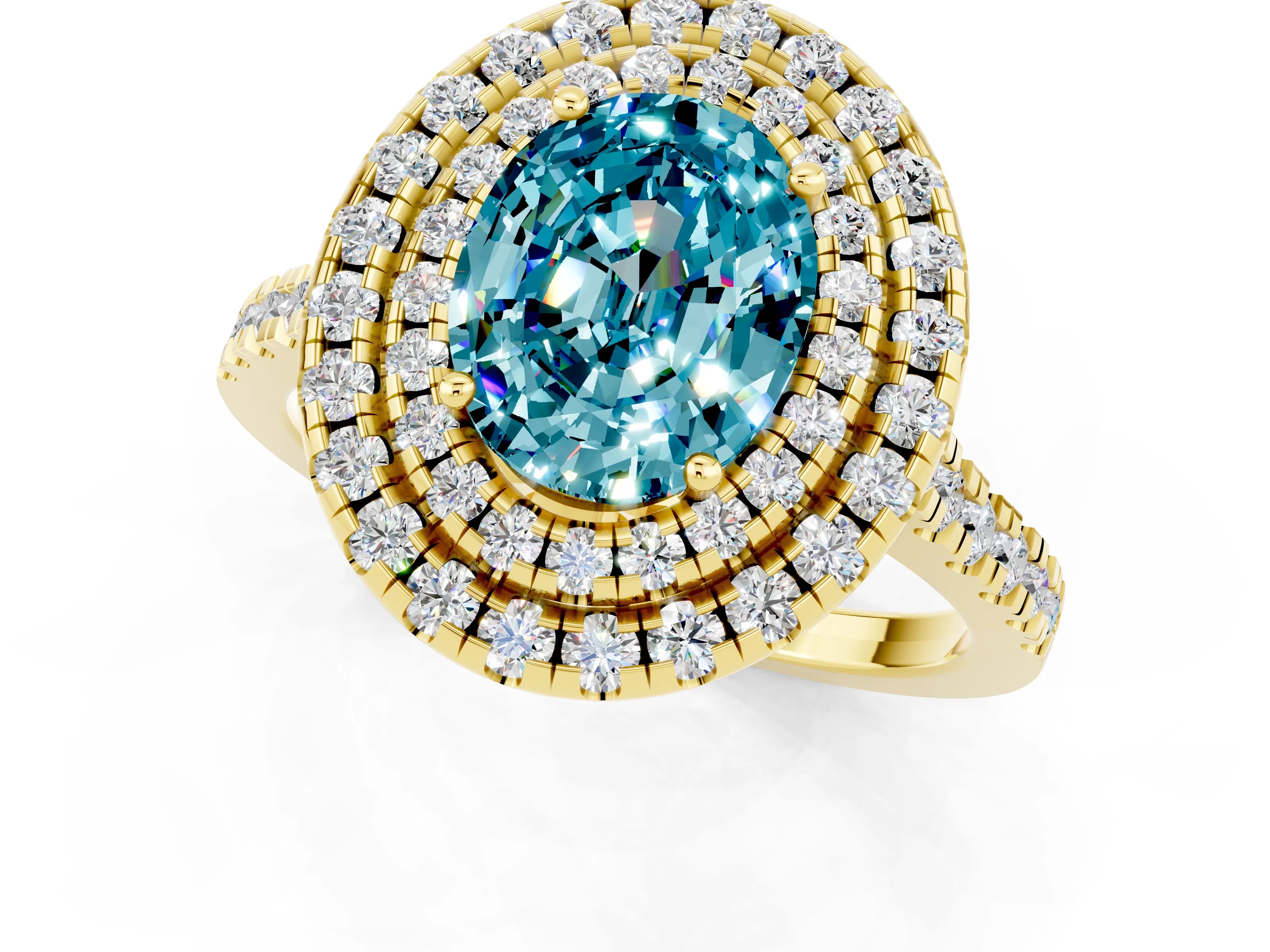 Yellow gold Double Halo Oval Cut Blue Topaz Pavé Band with Four-Prong Setting_1