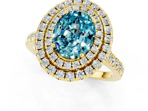 Yellow gold Double Halo Oval Cut Blue Topaz Pavé Band with Four-Prong Setting_1
