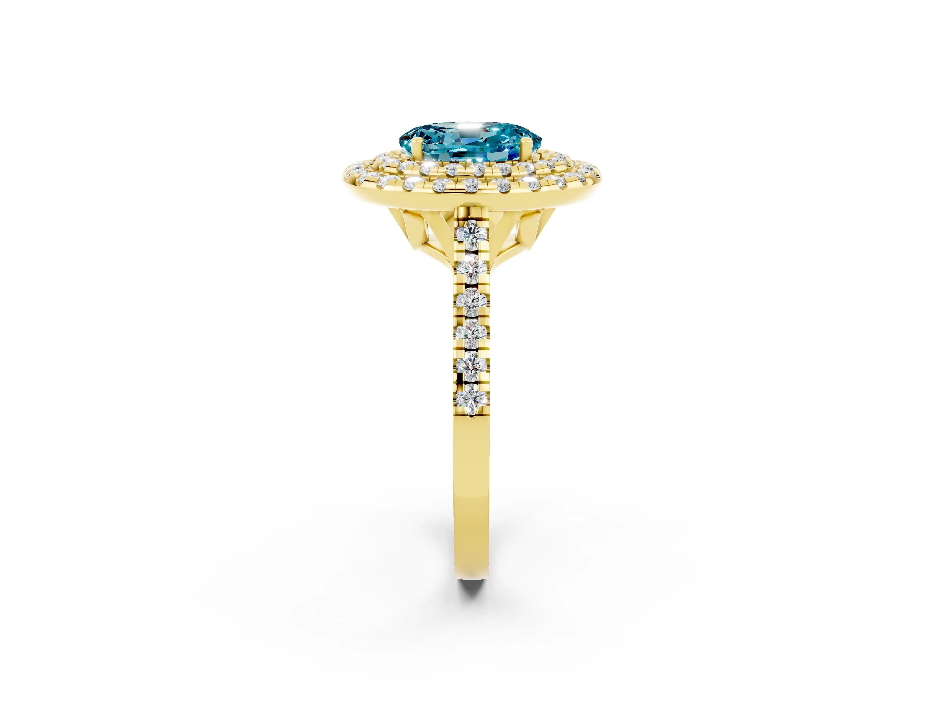 Yellow gold Double Halo Oval Cut Blue Topaz Pavé Band with Four-Prong Setting_2