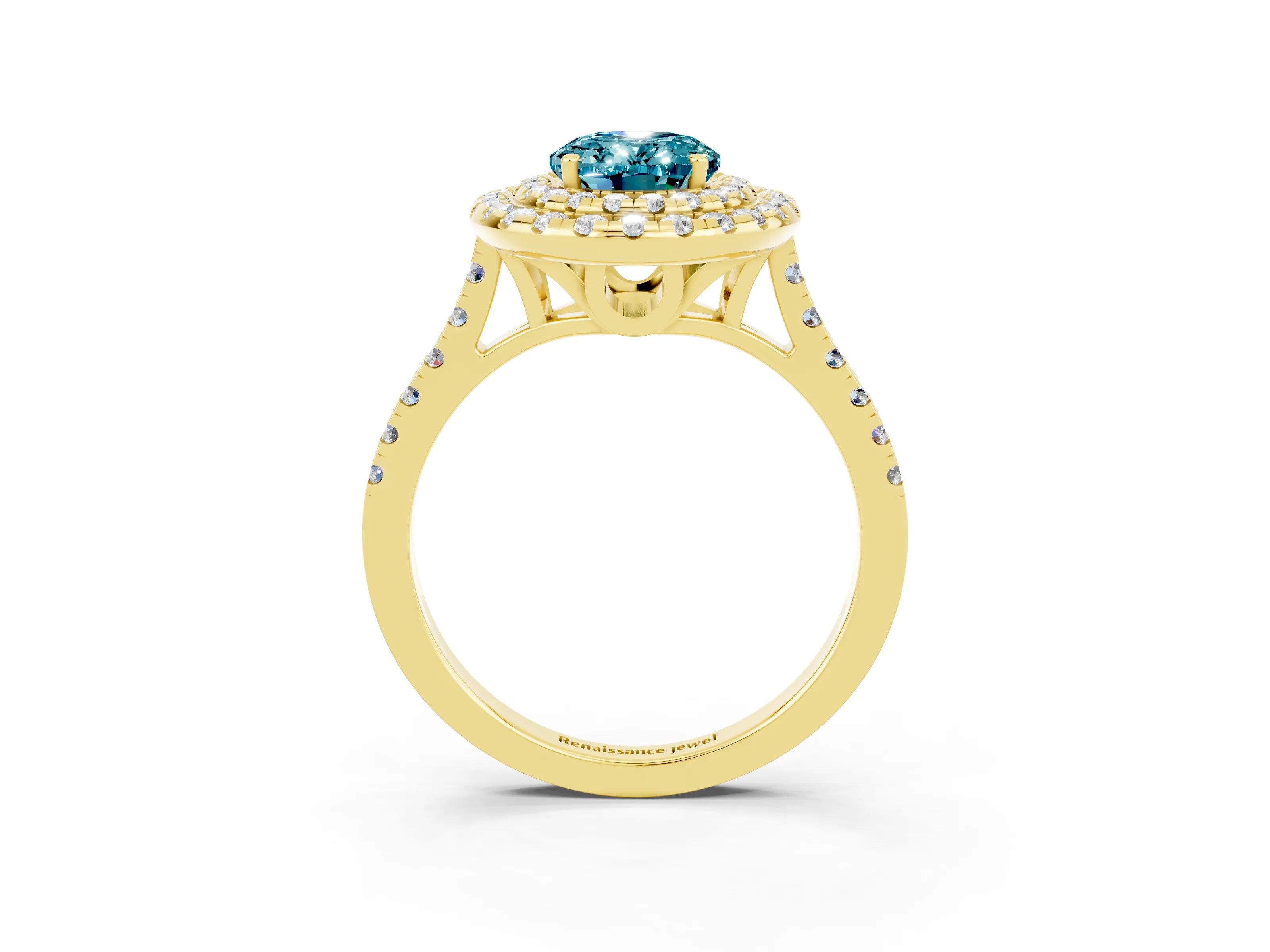 Yellow gold Double Halo Oval Cut Blue Topaz Pavé Band with Four-Prong Setting_3
