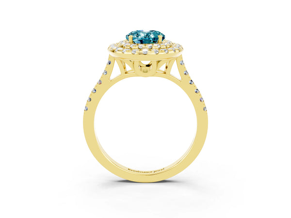 Yellow gold Double Halo Oval Cut Blue Topaz Pavé Band with Four-Prong Setting