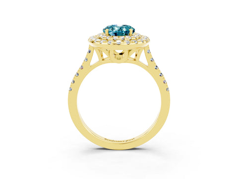 Yellow gold Double Halo Oval Cut Blue Topaz Pavé Band with Four-Prong Setting_3