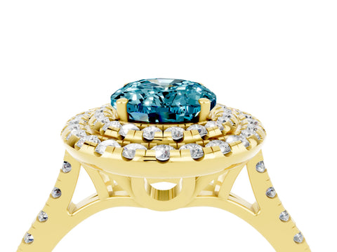 Yellow gold Double Halo Oval Cut Blue Topaz Pavé Band with Four-Prong Setting_4