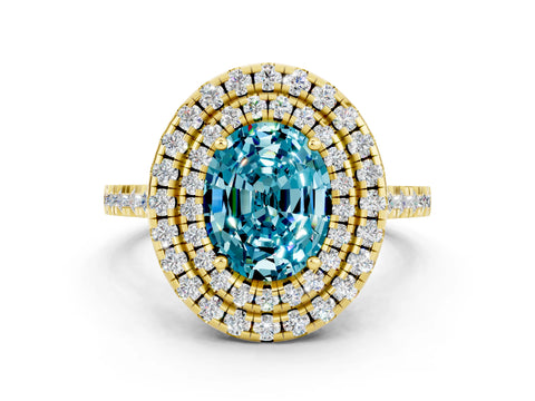 Yellow gold Double Halo Oval Cut Blue Topaz Pavé Band with Four-Prong Setting