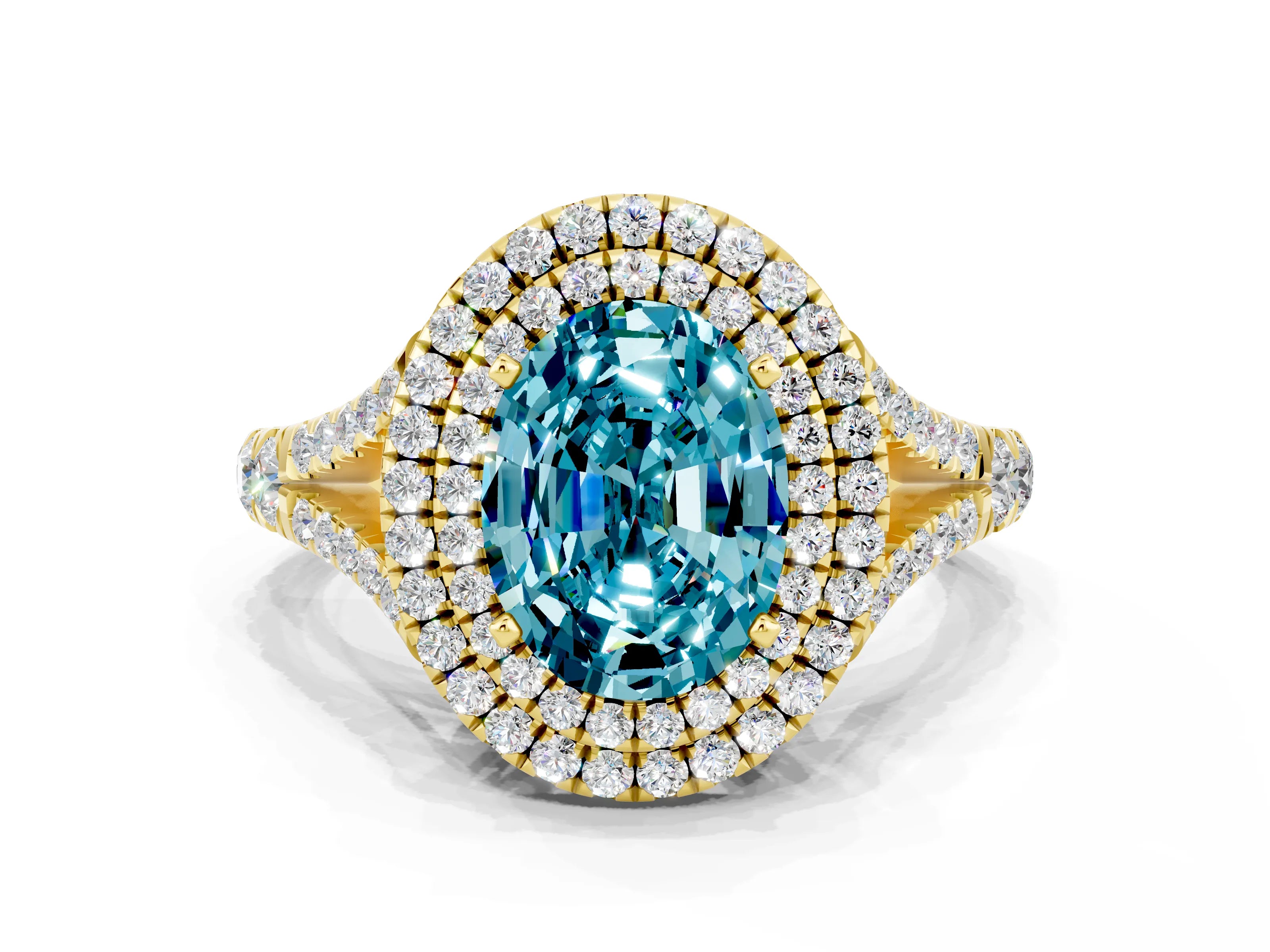 Yellow gold Double Halo Oval Cut Blue Topaz Pavé Split Shank Ring with Prong Setting
