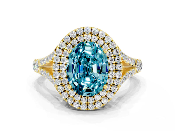 Yellow gold Double Halo Oval Cut Blue Topaz Pavé Split Shank Ring with Prong Setting