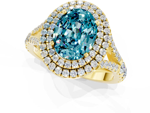 Yellow gold Double Halo Oval Cut Blue Topaz Pavé Split Shank Ring with Prong Setting_1