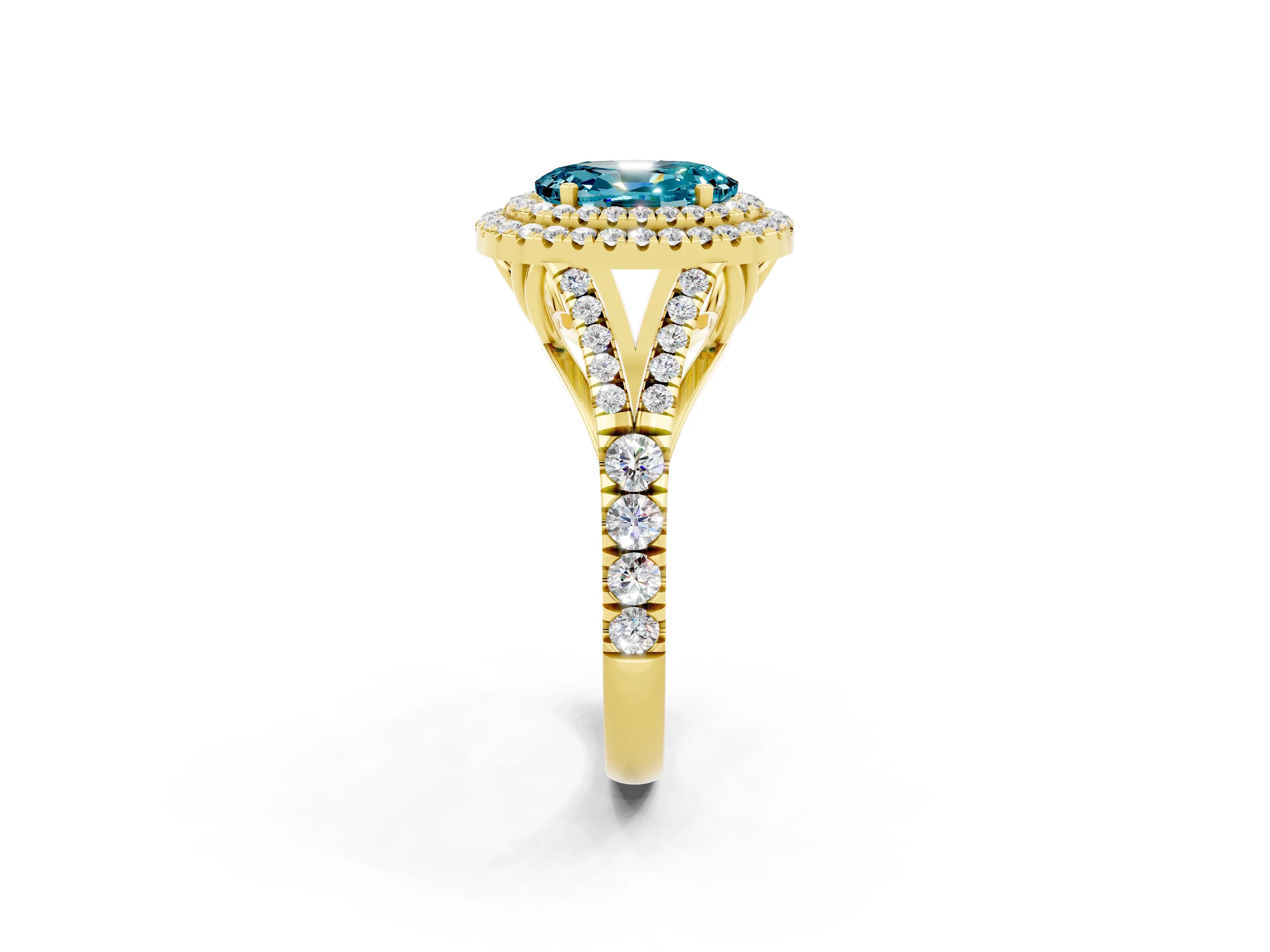 Yellow gold Double Halo Oval Cut Blue Topaz Pavé Split Shank Ring with Prong Setting_2