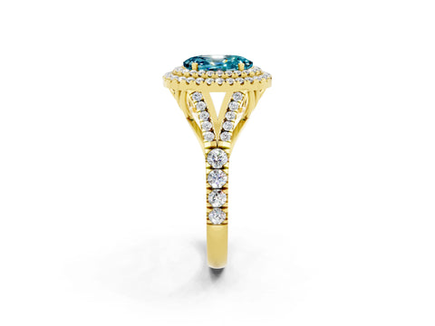 Yellow gold Double Halo Oval Cut Blue Topaz Pavé Split Shank Ring with Prong Setting_2