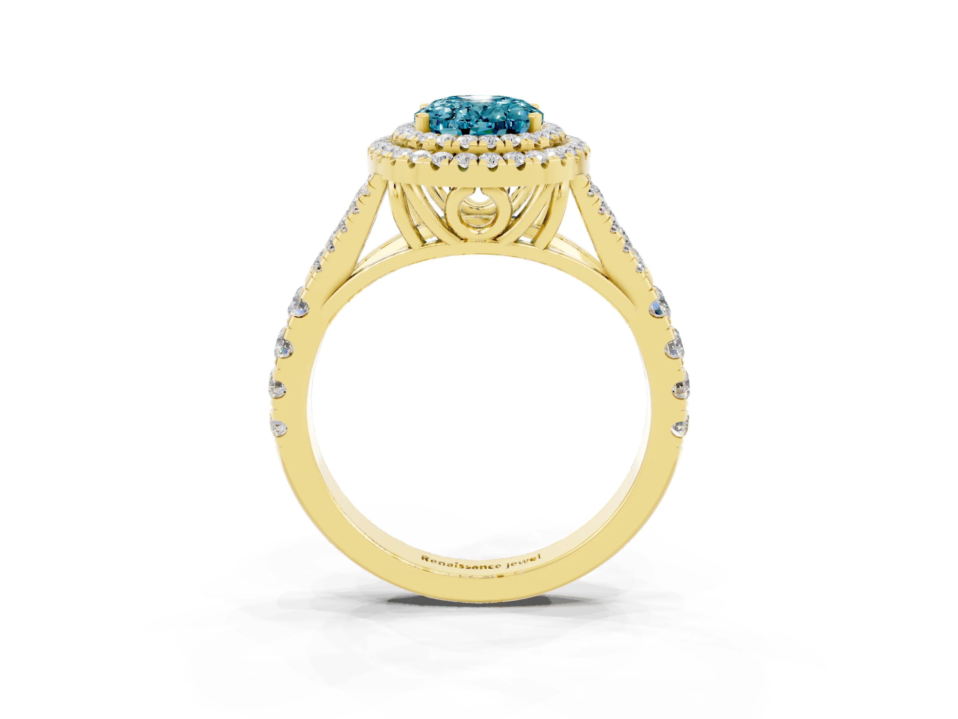 Yellow gold Double Halo Oval Cut Blue Topaz Pavé Split Shank Ring with Prong Setting_3