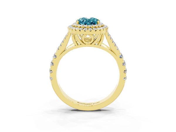 Yellow gold Double Halo Oval Cut Blue Topaz Pavé Split Shank Ring with Prong Setting