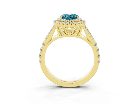 Yellow gold Double Halo Oval Cut Blue Topaz Pavé Split Shank Ring with Prong Setting_3