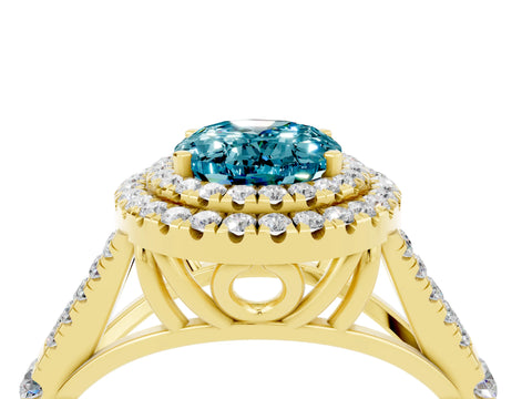 Yellow gold Double Halo Oval Cut Blue Topaz Pavé Split Shank Ring with Prong Setting_4