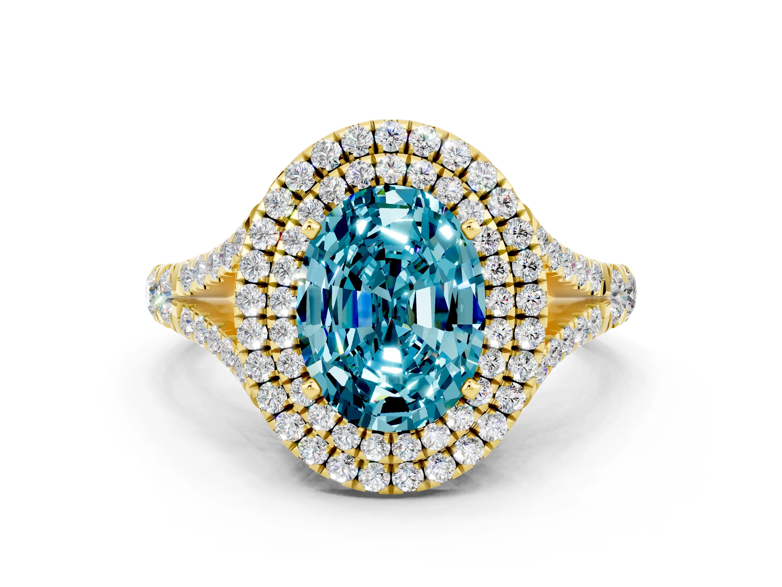 Yellow gold Double Halo Oval Cut Blue Topaz Split Shank Engagement Ring with Four-Prong Setting