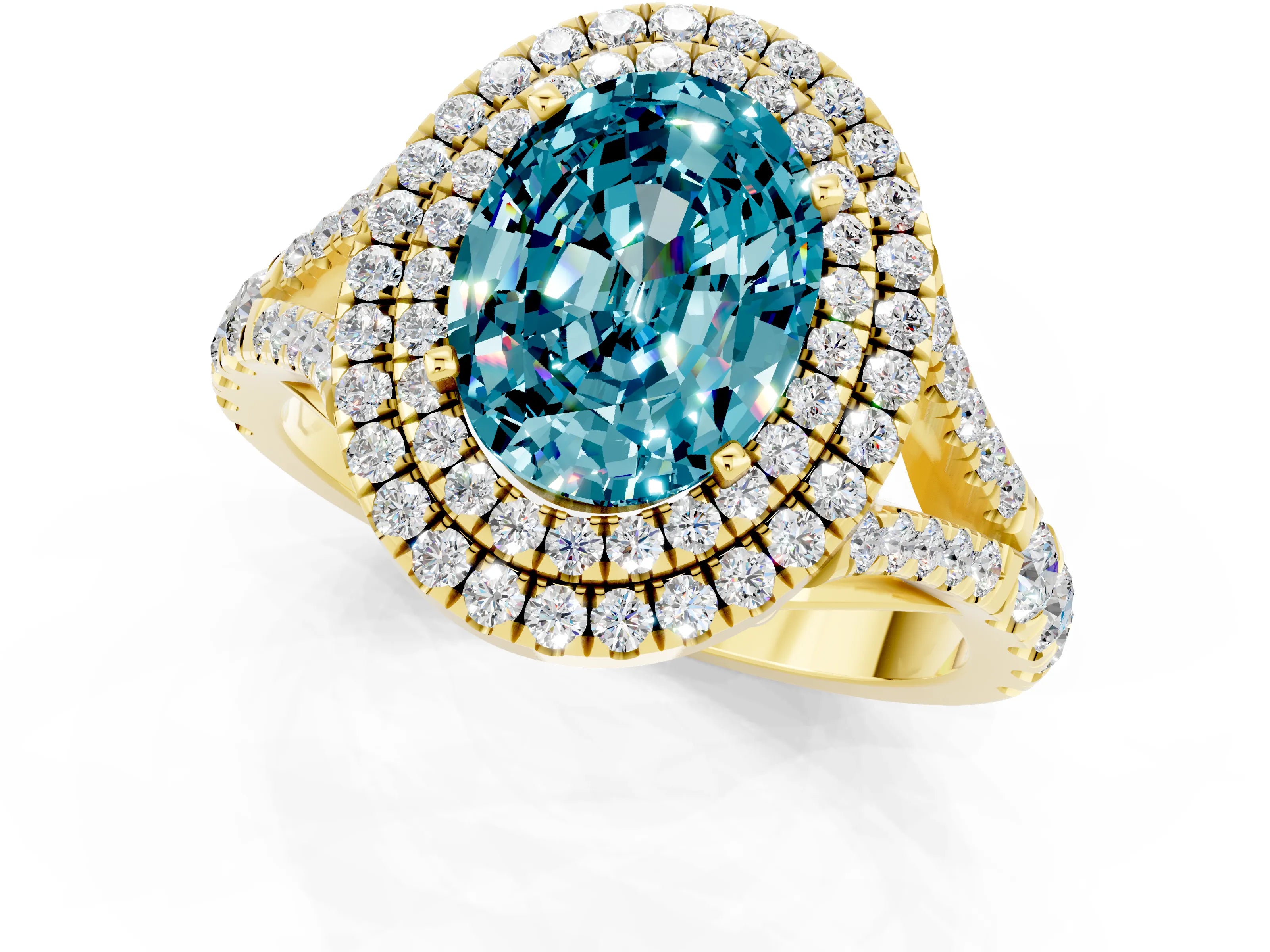 Yellow gold Double Halo Oval Cut Blue Topaz Split Shank Engagement Ring with Four-Prong Setting_1