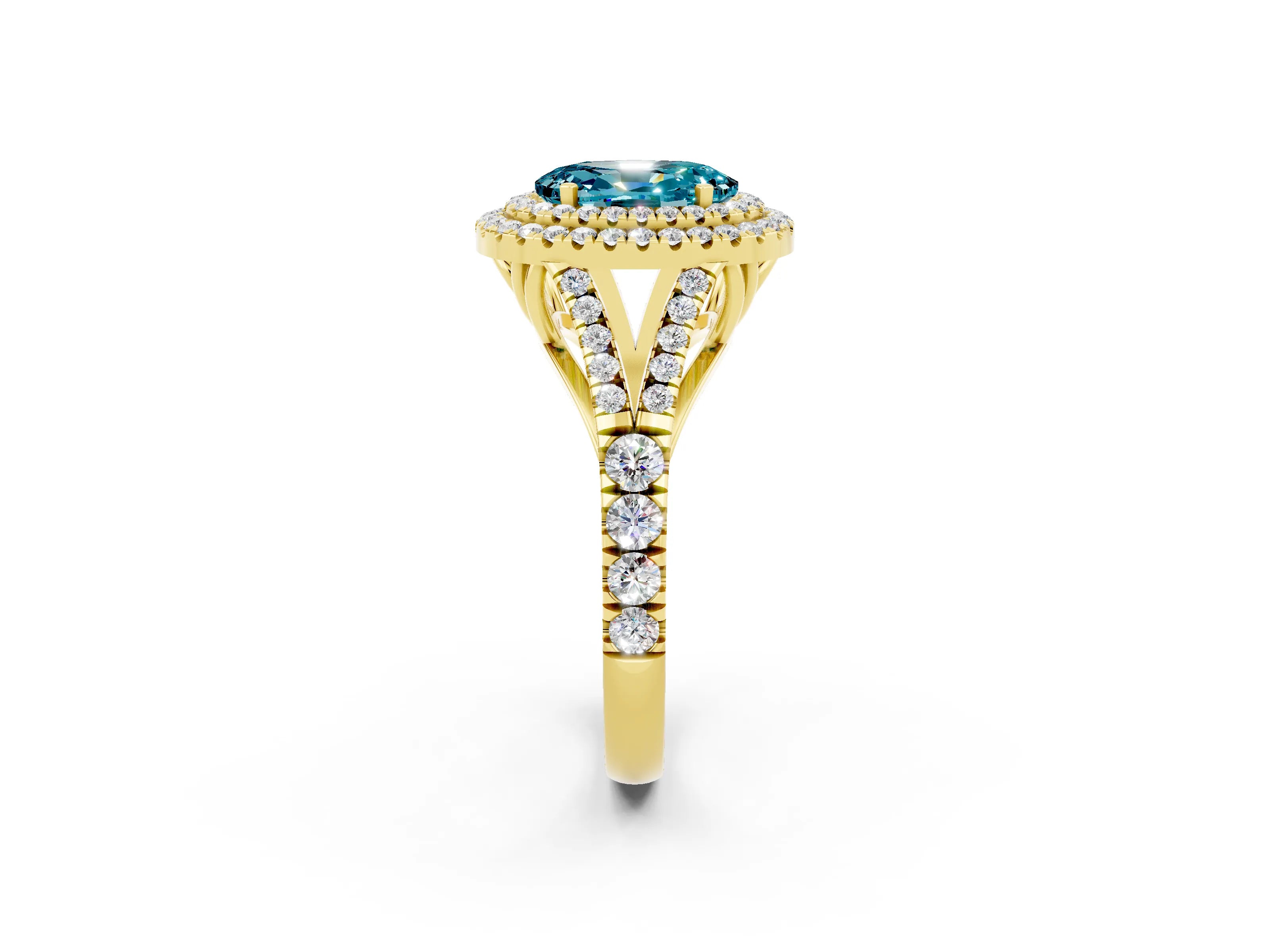 Yellow gold Double Halo Oval Cut Blue Topaz Split Shank Engagement Ring with Four-Prong Setting_2