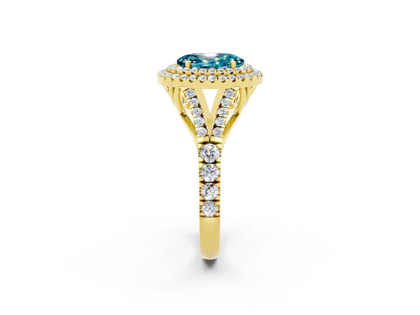Yellow gold Double Halo Oval Cut Blue Topaz Split Shank Engagement Ring with Four-Prong Setting