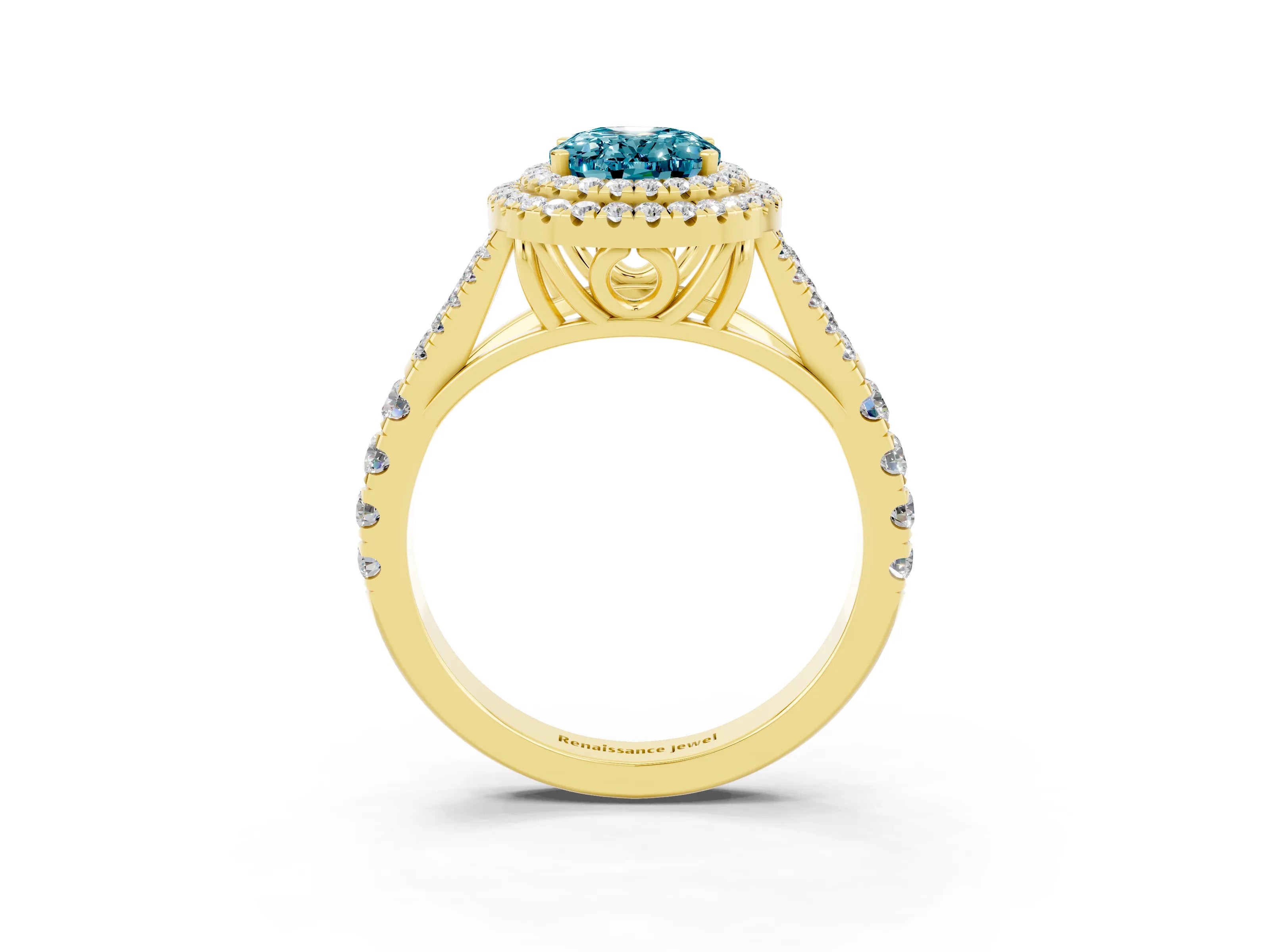Yellow gold Double Halo Oval Cut Blue Topaz Split Shank Engagement Ring with Four-Prong Setting_3