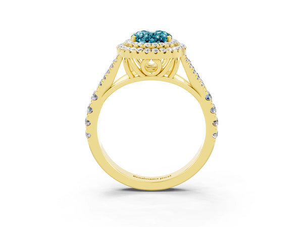Yellow gold Double Halo Oval Cut Blue Topaz Split Shank Engagement Ring with Four-Prong Setting