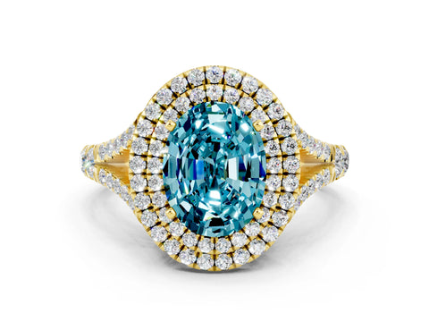Yellow gold Double Halo Oval Cut Blue Topaz Split Shank Engagement Ring with Four-Prong Setting