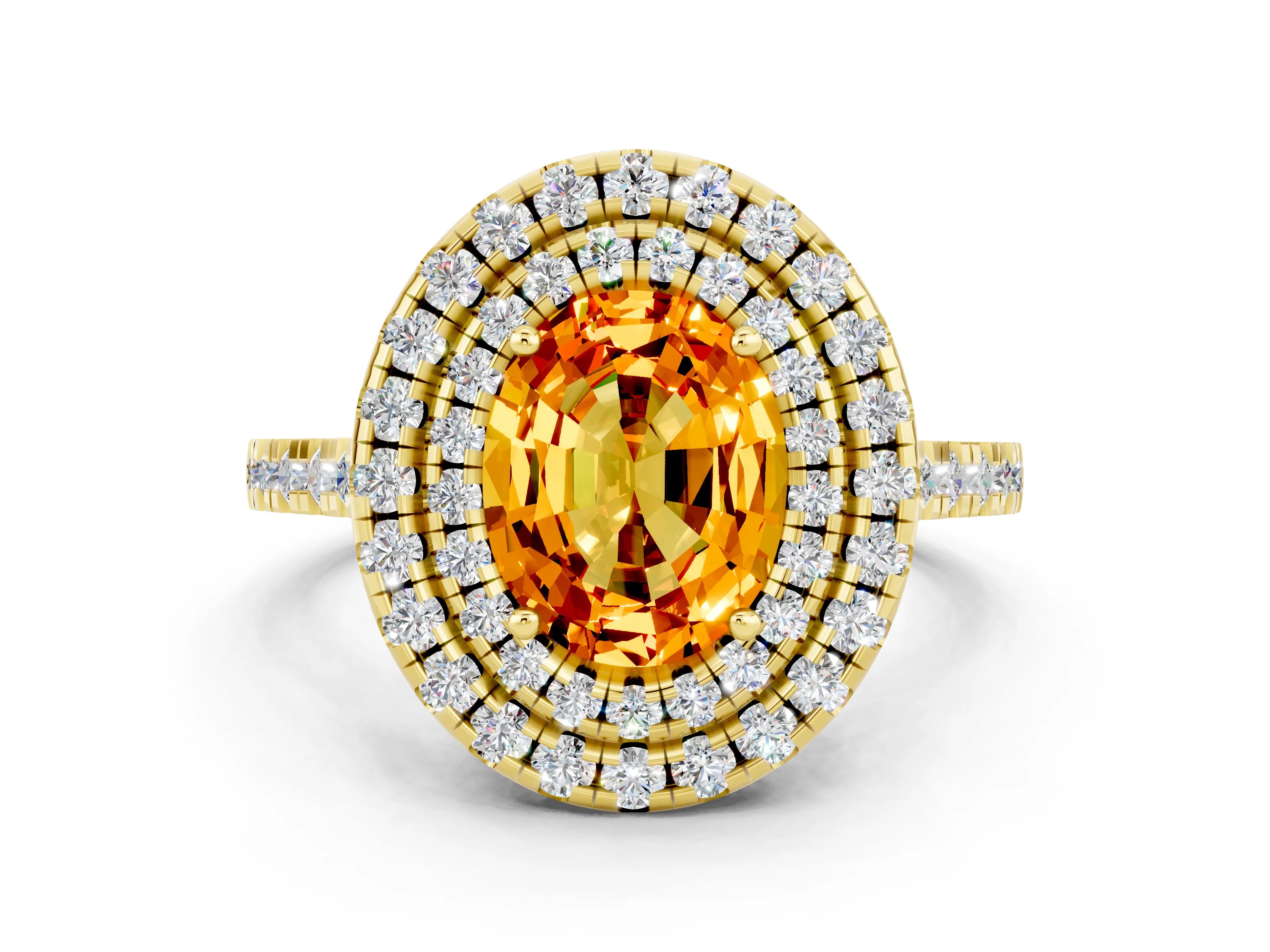 Yellow gold Double Halo Oval Cut Citrine Pavé Band with Four-Prong Setting