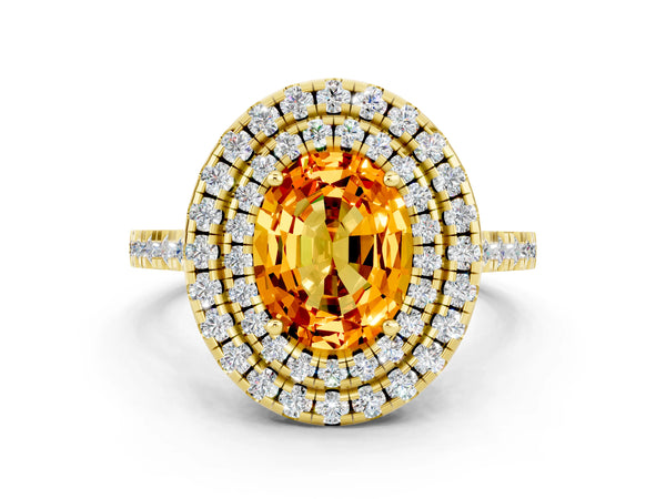 Yellow gold Double Halo Oval Cut Citrine Pavé Band with Four-Prong Setting