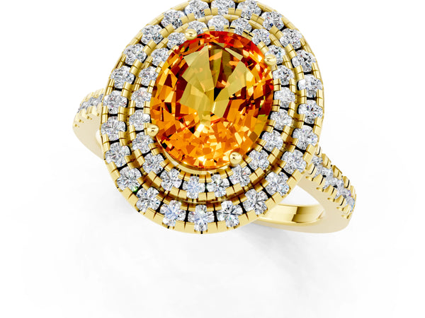 Yellow gold Double Halo Oval Cut Citrine Pavé Band with Four-Prong Setting