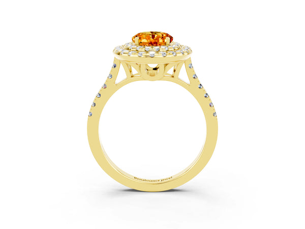 Yellow gold Double Halo Oval Cut Citrine Pavé Band with Four-Prong Setting