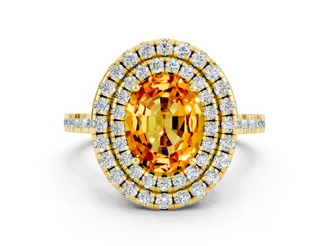 Yellow gold Double Halo Oval Cut Citrine Pavé Band with Four-Prong Setting