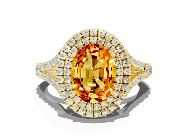Yellow gold Double Halo Oval Cut Citrine Pavé Split Shank Ring with Prong Setting