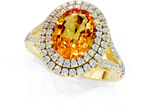 Yellow gold Double Halo Oval Cut Citrine Pavé Split Shank Ring with Prong Setting_1