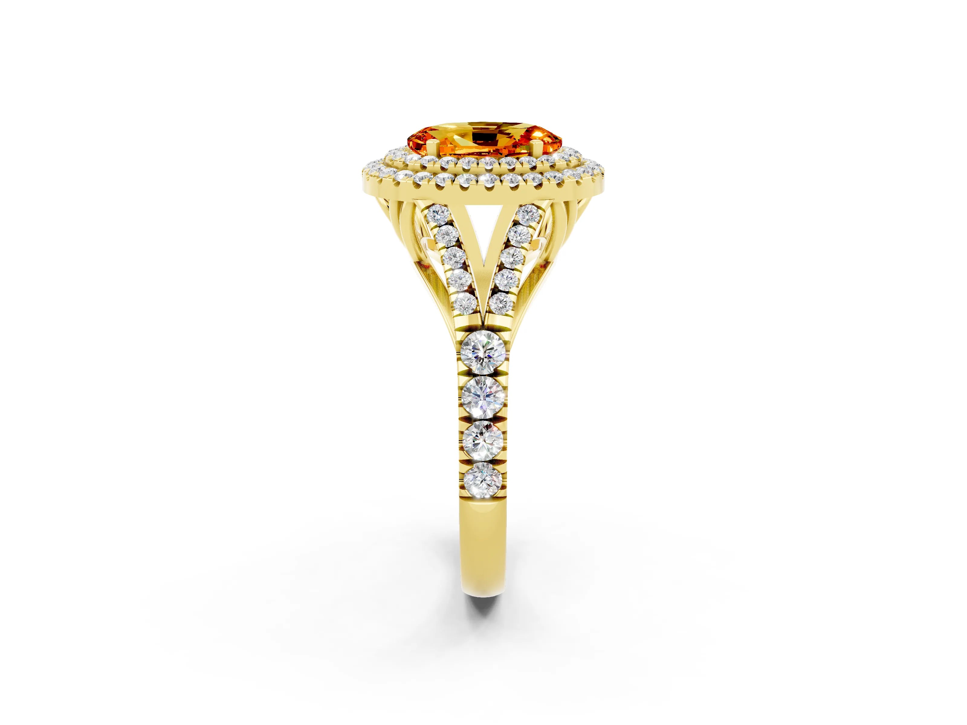 Yellow gold Double Halo Oval Cut Citrine Pavé Split Shank Ring with Prong Setting_2