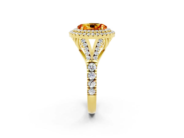 Yellow gold Double Halo Oval Cut Citrine Pavé Split Shank Ring with Prong Setting