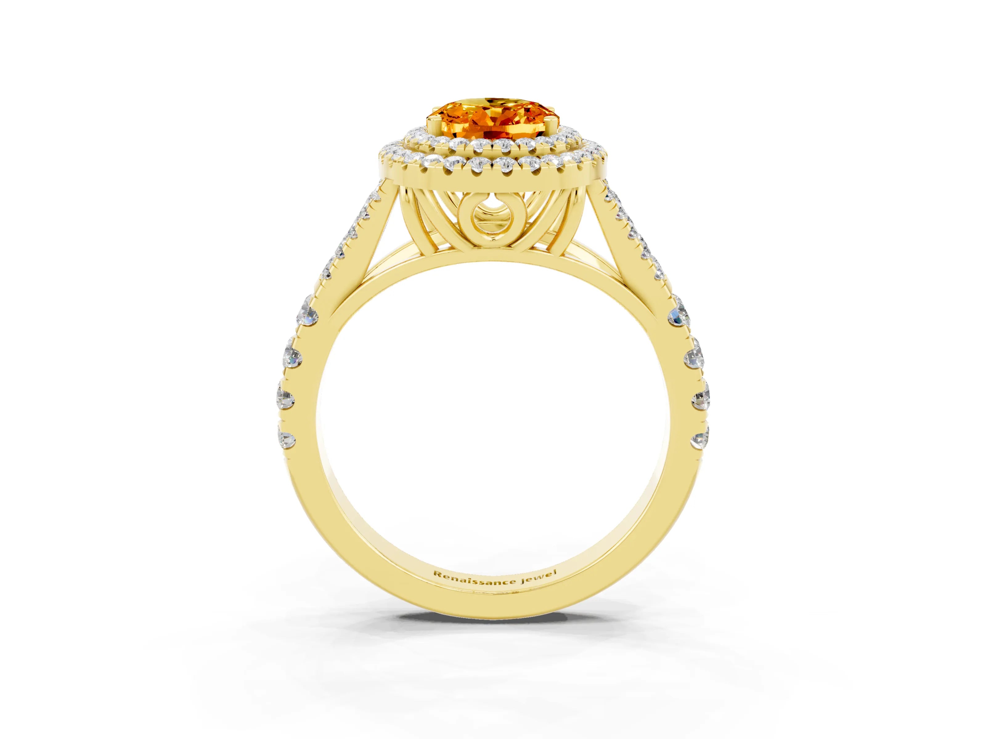 Yellow gold Double Halo Oval Cut Citrine Pavé Split Shank Ring with Prong Setting_3