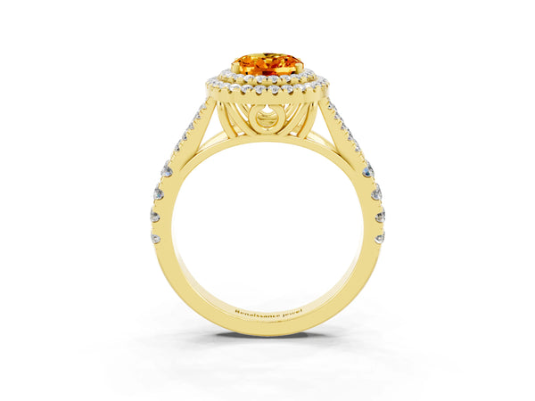 Yellow gold Double Halo Oval Cut Citrine Pavé Split Shank Ring with Prong Setting