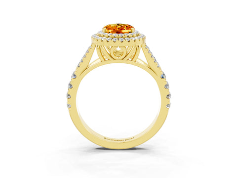 Yellow gold Double Halo Oval Cut Citrine Pavé Split Shank Ring with Prong Setting_3