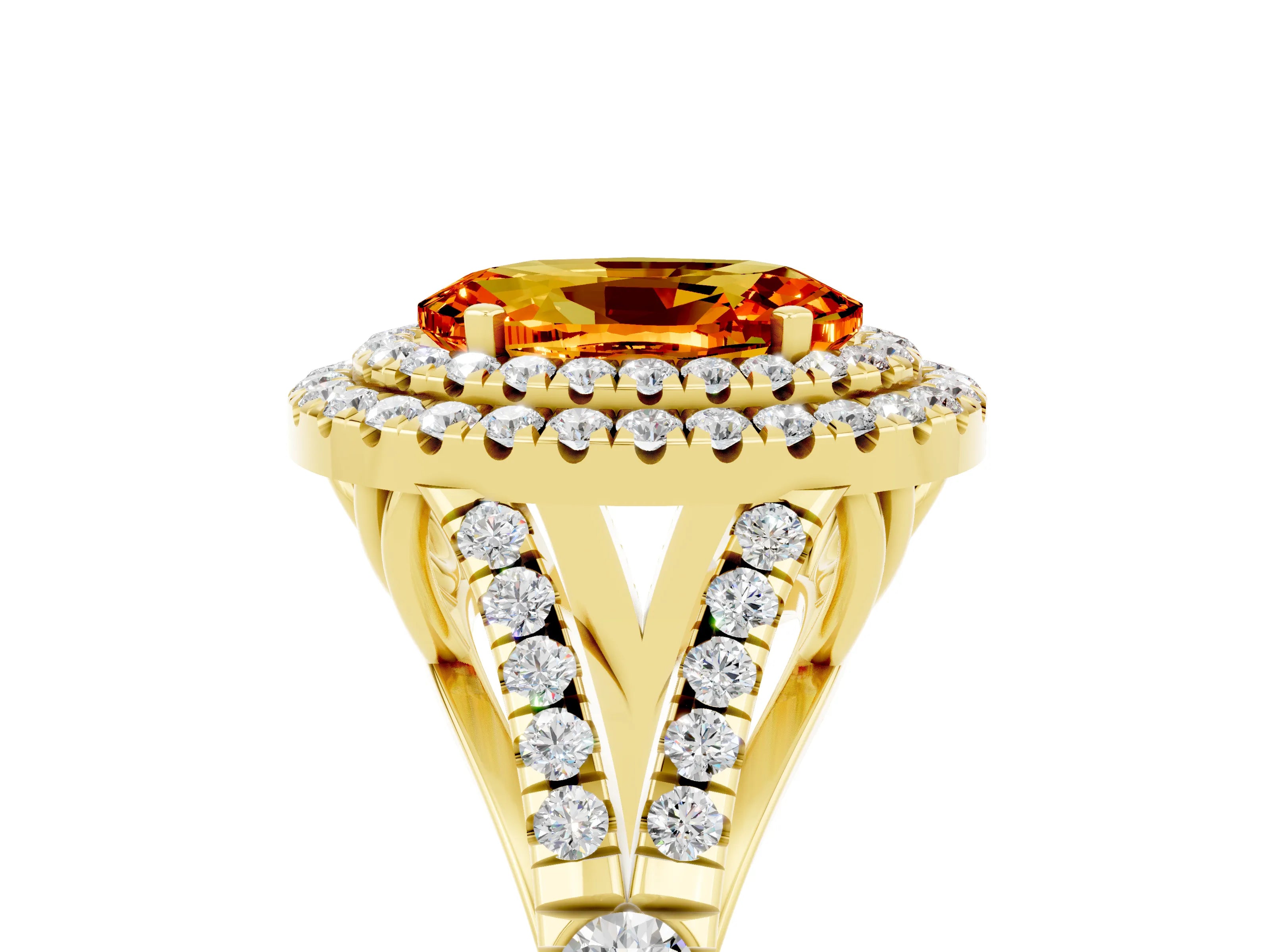 Yellow gold Double Halo Oval Cut Citrine Pavé Split Shank Ring with Prong Setting_5