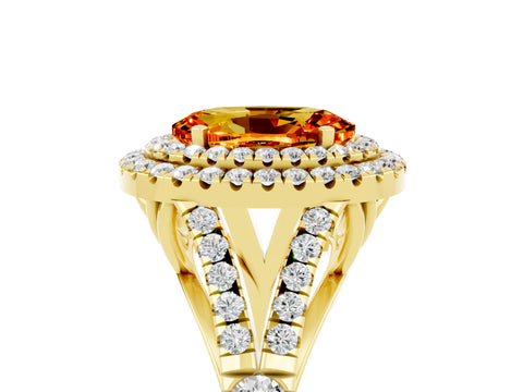 Yellow gold Double Halo Oval Cut Citrine Pavé Split Shank Ring with Prong Setting_5