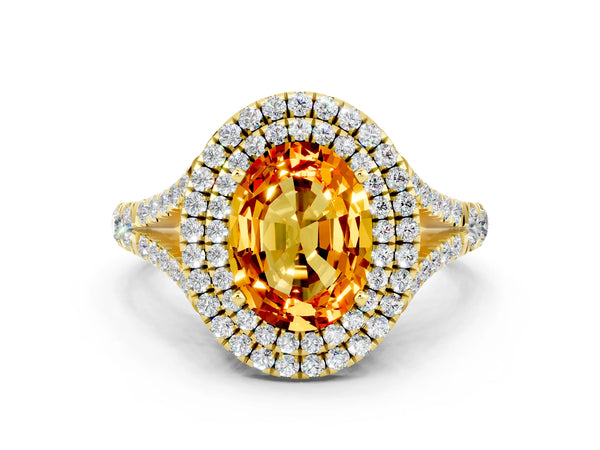 Yellow gold Double Halo Oval Cut Citrine Split Shank Engagement Ring with Four-Prong Setting