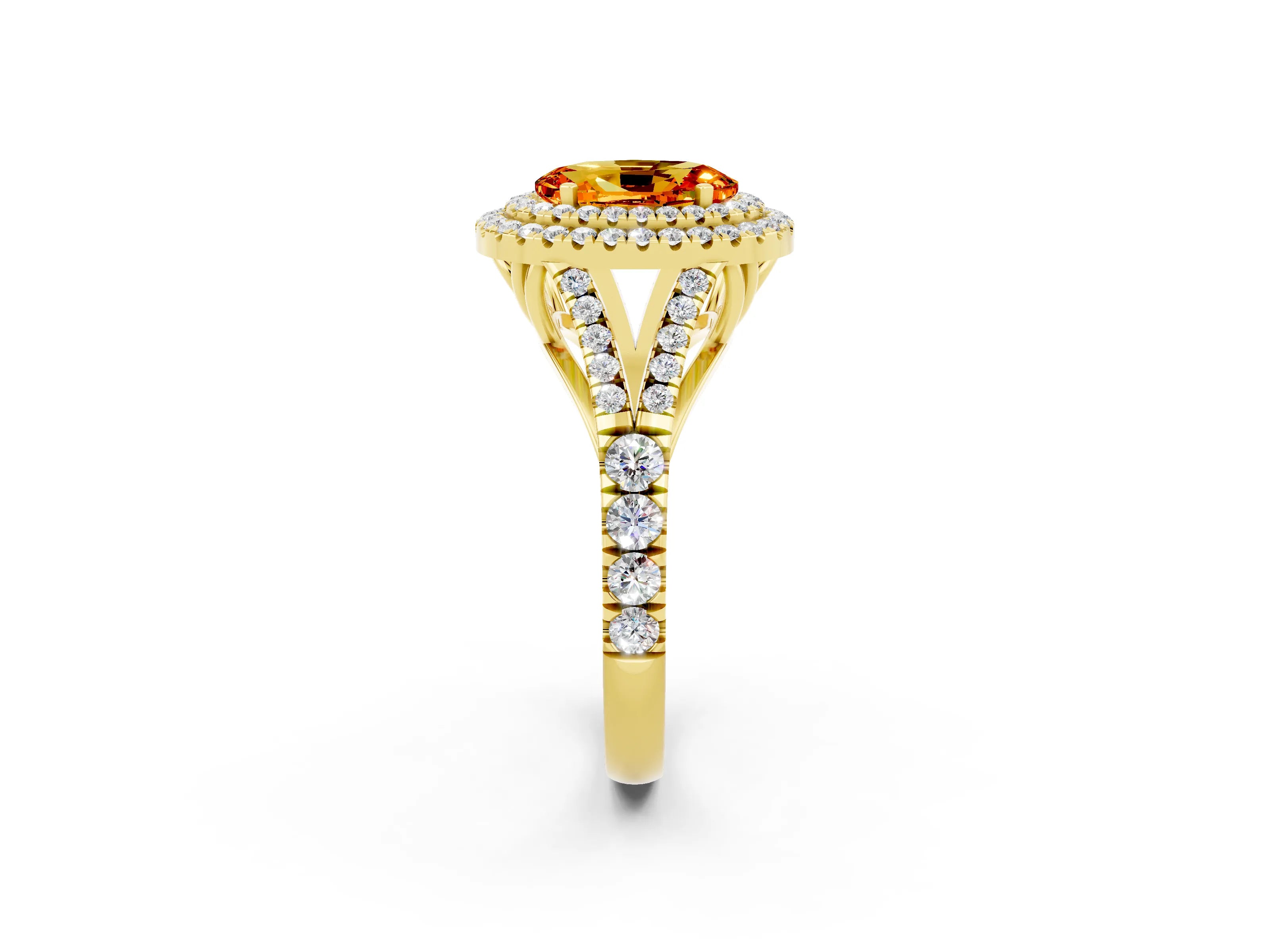 Yellow gold Double Halo Oval Cut Citrine Split Shank Engagement Ring with Four-Prong Setting_2
