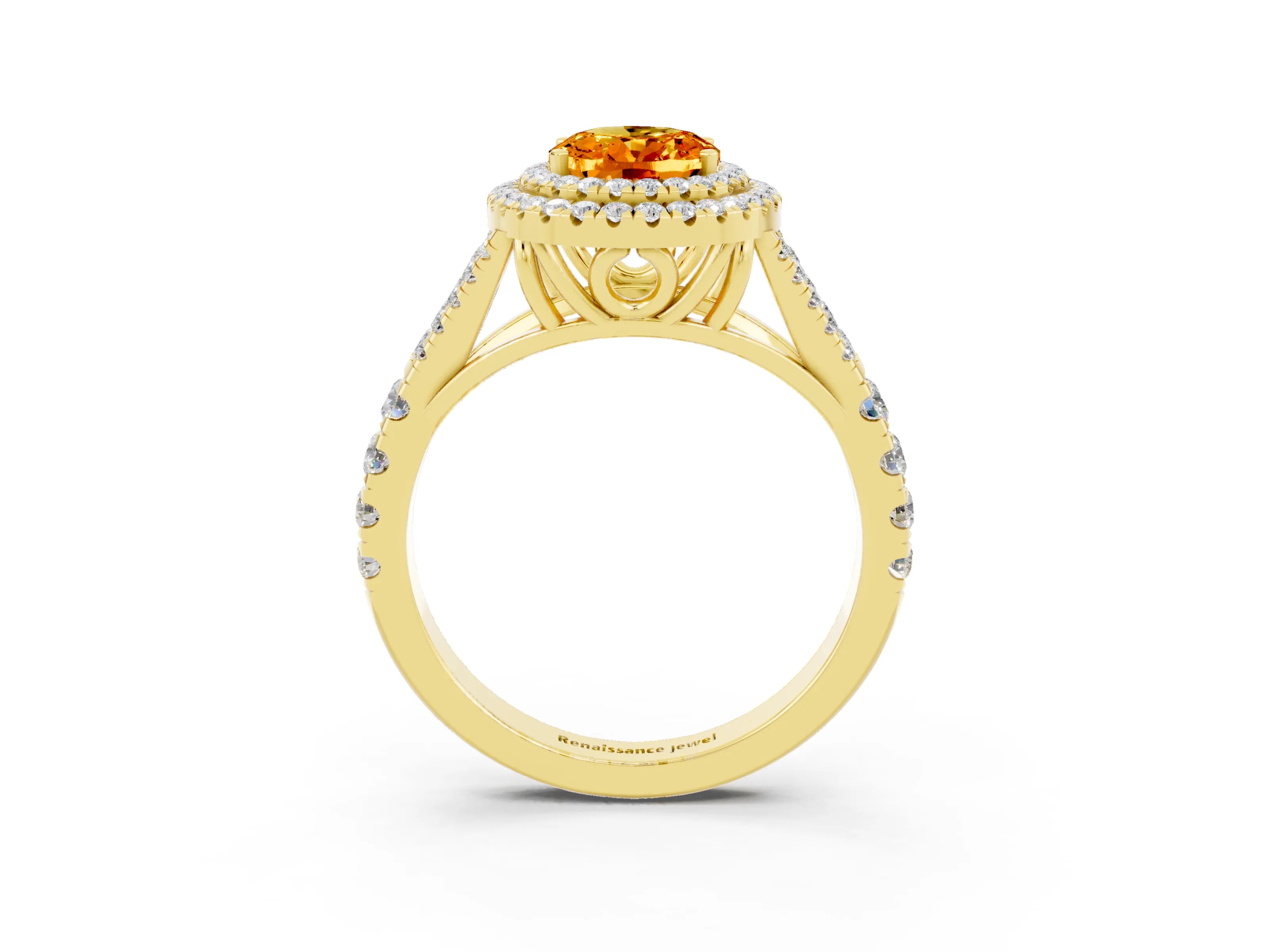 Yellow gold Double Halo Oval Cut Citrine Split Shank Engagement Ring with Four-Prong Setting_3