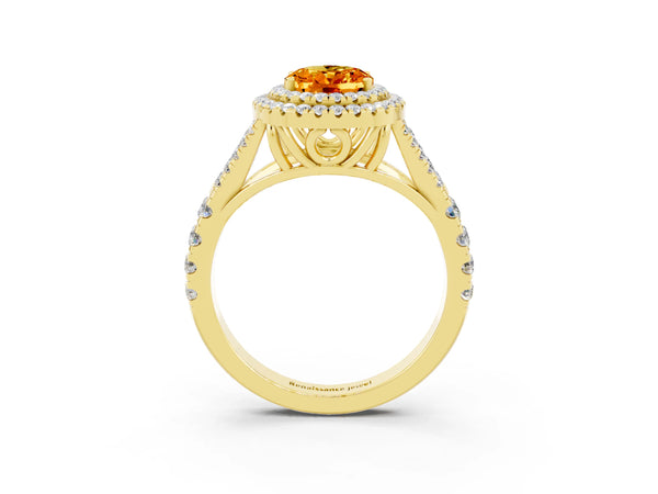 Yellow gold Double Halo Oval Cut Citrine Split Shank Engagement Ring with Four-Prong Setting