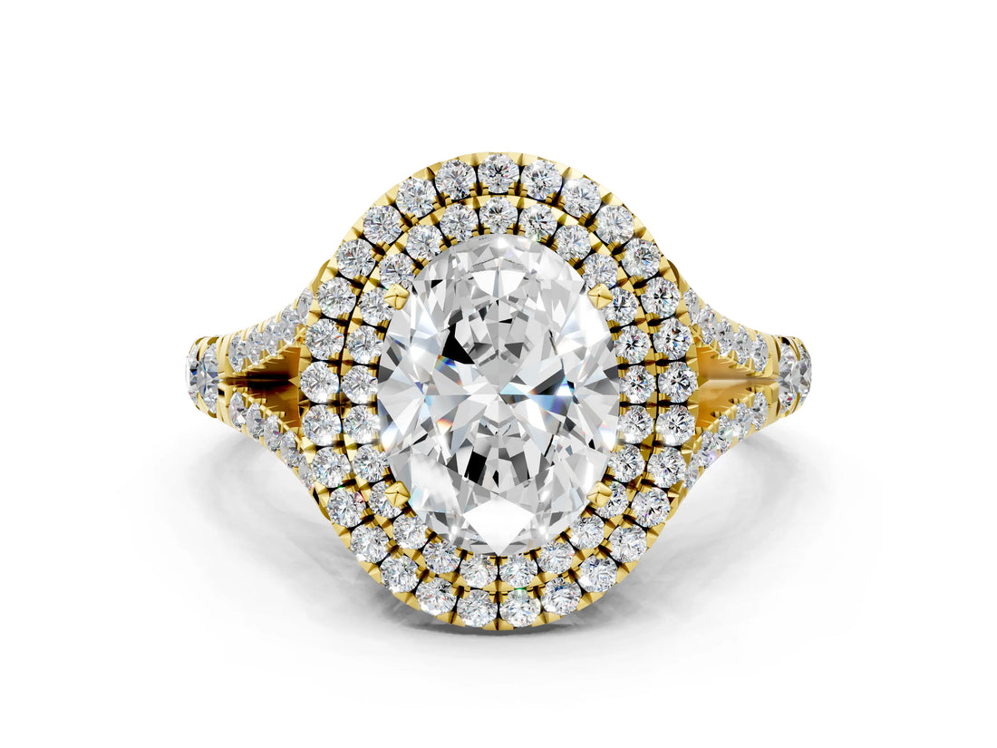 Yellow gold Double Halo Oval Cut Diamond Split Shank Engagement Ring with Four-Prong Setting_19