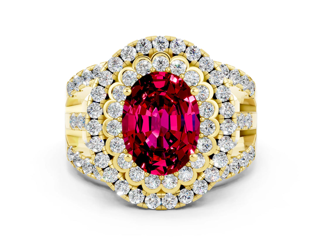 Yellow gold Double Halo Oval Cut Diamond Split Shank Pave Set Ring