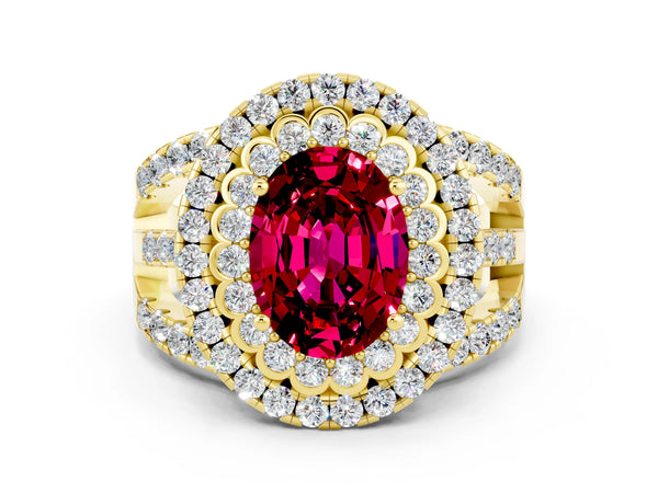 Yellow gold Oval Cut Garnet Double Halo Ring with Round Pavé Split Shank and Prong Setting