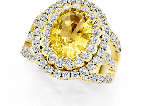 Yellow gold Oval Cut Yellow Sapphire Double Halo Ring with Round Pavé Split Shank and Prong Setting