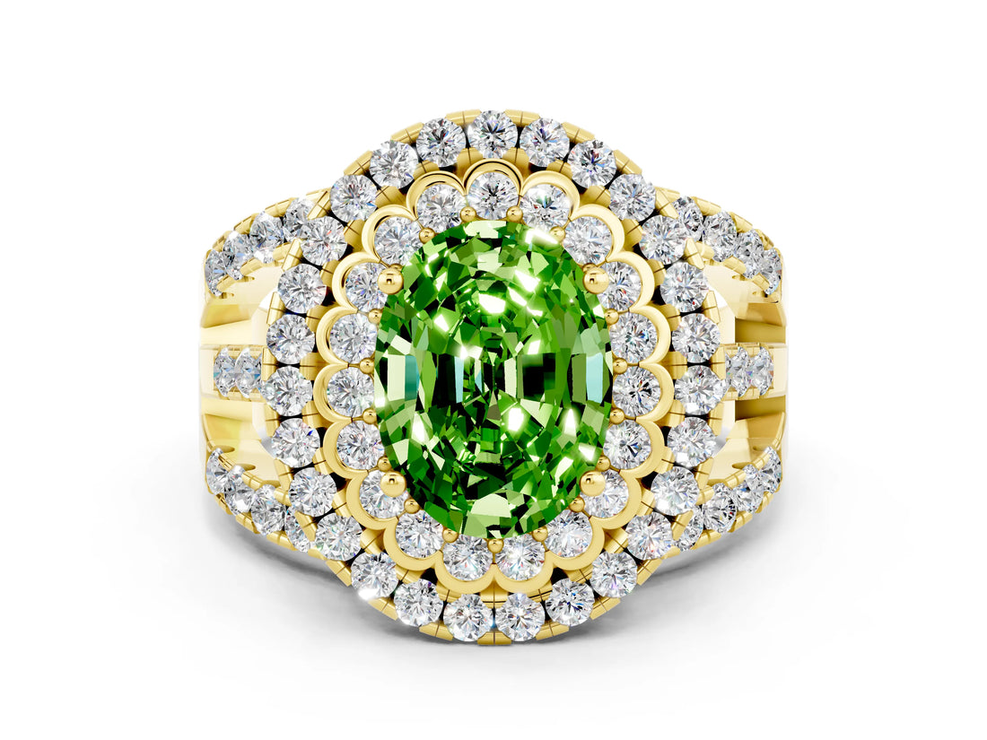 Yellow gold Double Halo Oval Cut Diamond Split Shank Pave Set Ring