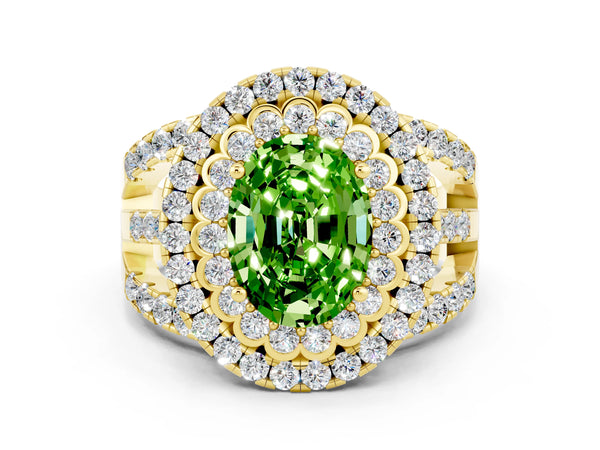 Yellow gold Double Halo Oval Cut Diamond Split Shank Pave Set Ring