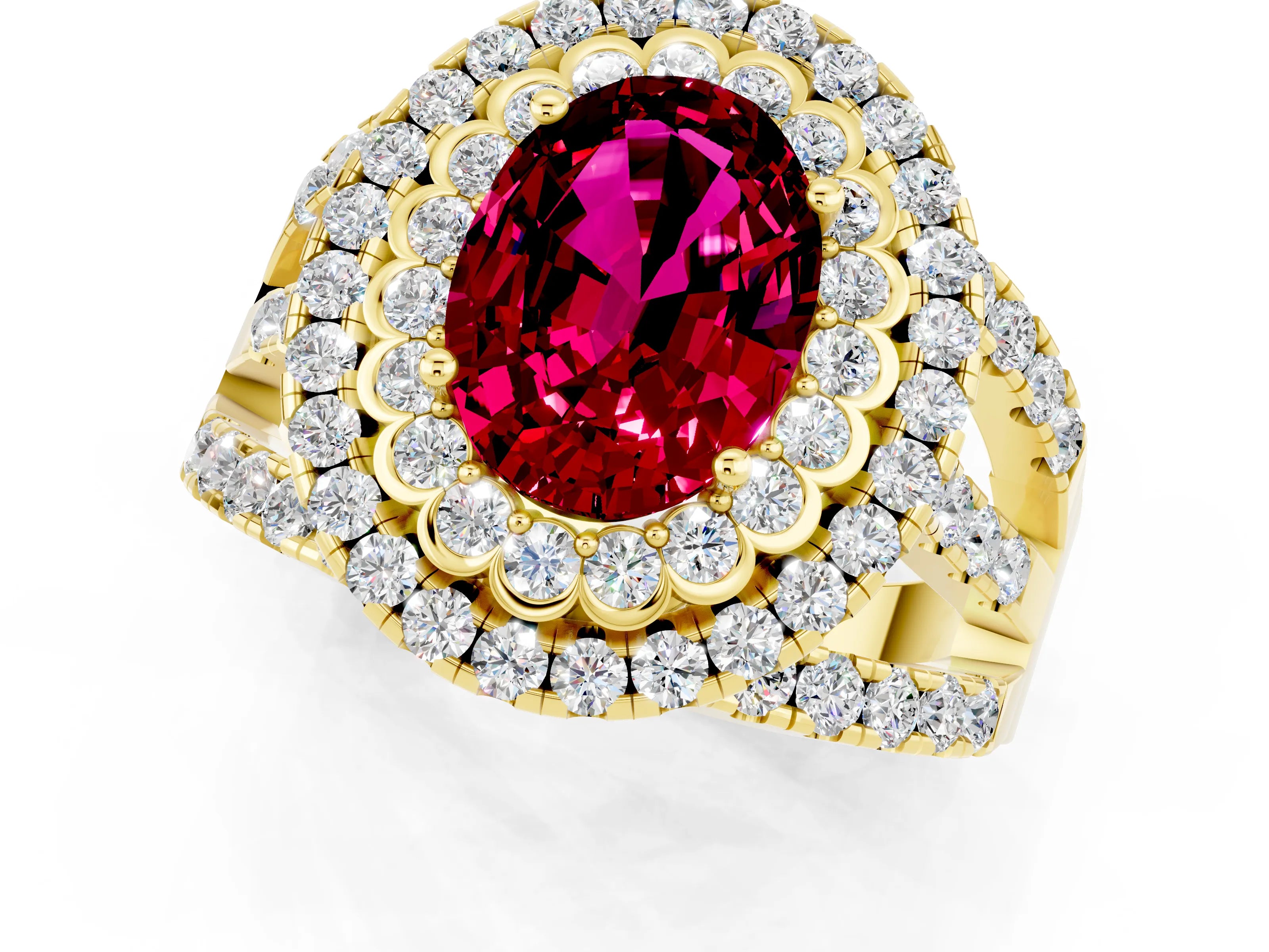 Yellow gold Double Halo Oval Cut Diamond Split Shank Pave Set Ring_1