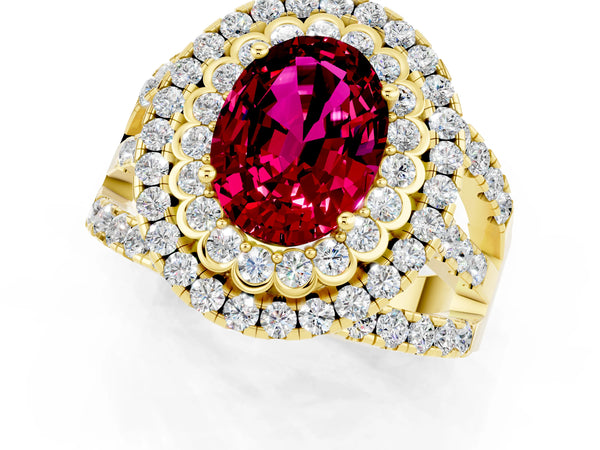 Yellow gold Oval Cut Garnet Double Halo Ring with Round Pavé Split Shank and Prong Setting